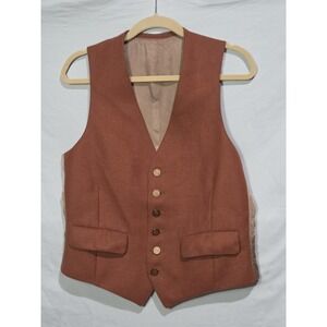 Vintage Waistcoat Vest 38R Medium Rust Orange Twill Wool Blend V-Neck No Tags